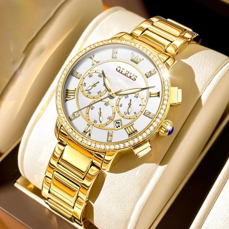 Olevs Chronograph White Dial Gold-tone Ladies Watch- 9976